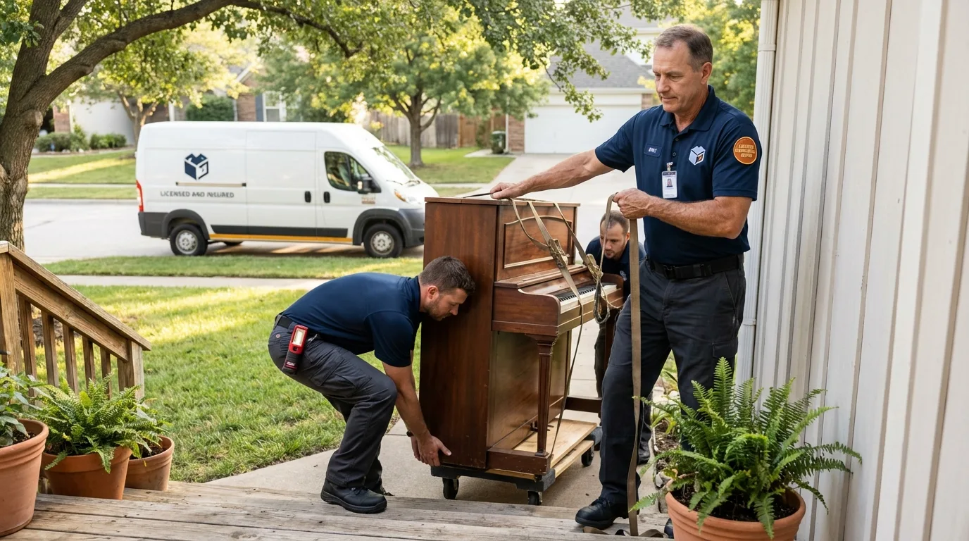 Licensed piano movers securing grand piano in Paxton, IL