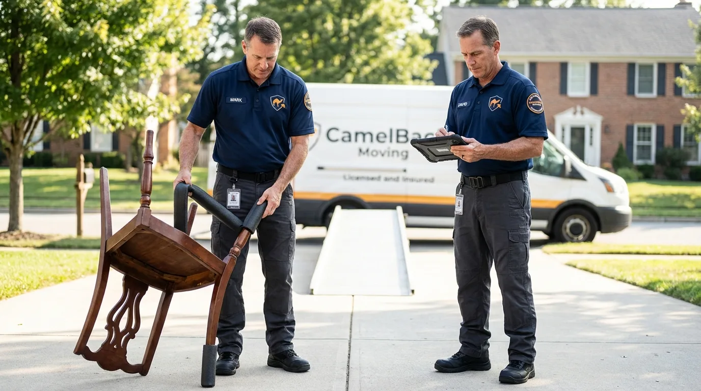 Movers inspecting furniture for damage prevention before loading in Paxton, IL